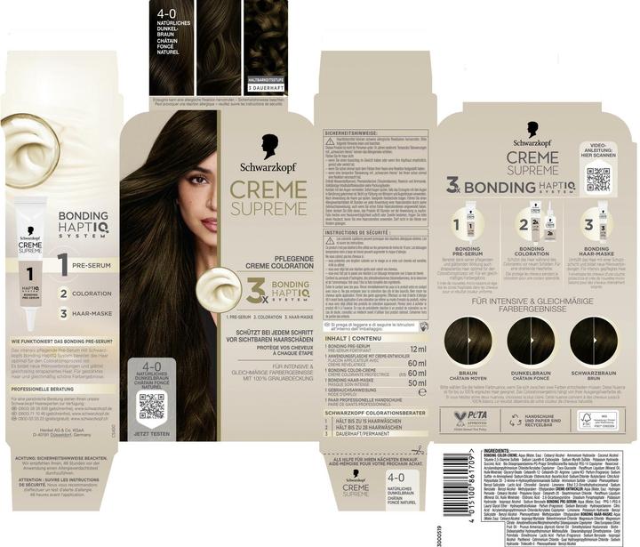 Actual product image Schwarzkopf Creme Supreme Creme Supreme Coloration 4-0 Natürliches Dunkelbraun (4-0 Natural dark brown)