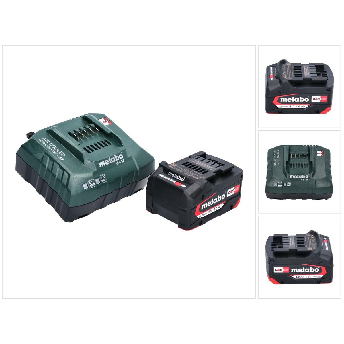 Metabo, Werkzeugakku + Ladegerät, Basis Set 1x Li-Power Akkupack 18 V 4,0 Ah CAS Li-Ion Akku ( 625027000 ) + ASC 55 Lade...