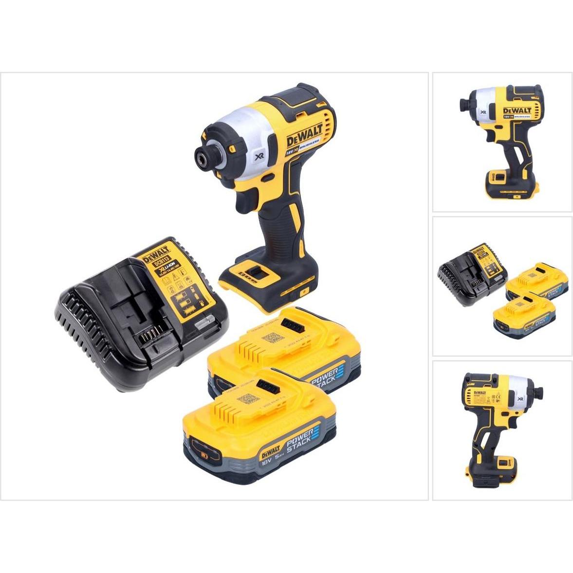 DeWalt, Bohrmaschine + Akkuschrauber, DCF 887 H2 Akku Schlagschrauber 18 V 205 Nm 1/4" Brushless + 2x Akku Powerstack 5,...