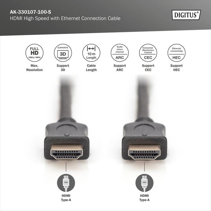 Produktbild Digitus HDMI (Typ A) — HDMI (Typ A) (10 m, HDMI, 1.4)
