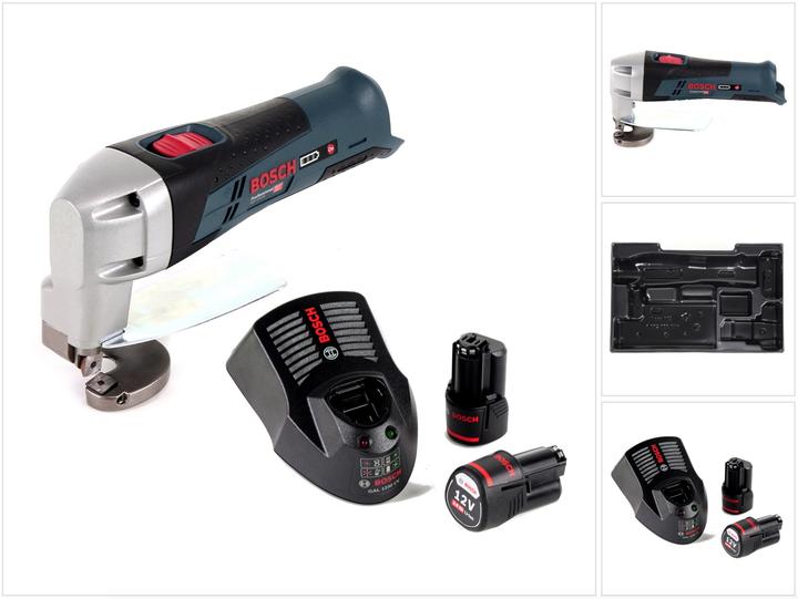 1x Bosch GSC 12 V-13 Professional cordless tin snips, 2x Bosch GBA 12 V 3.0 Ah Li-Ion battery, 1x Bosch GAL 1230 CV quick charger, 1x matching L-Boxx insert