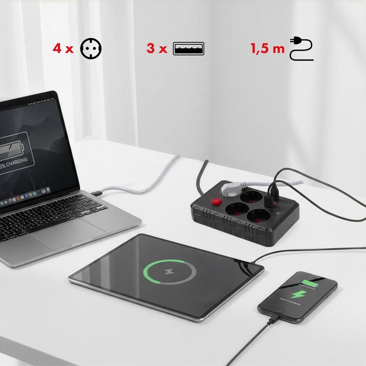 Actual product image Maclean Multiprise 4 prises MCE392 + USB + Interrupteur 1,50m (Noir) (4x, USB-A, 1.50 m)