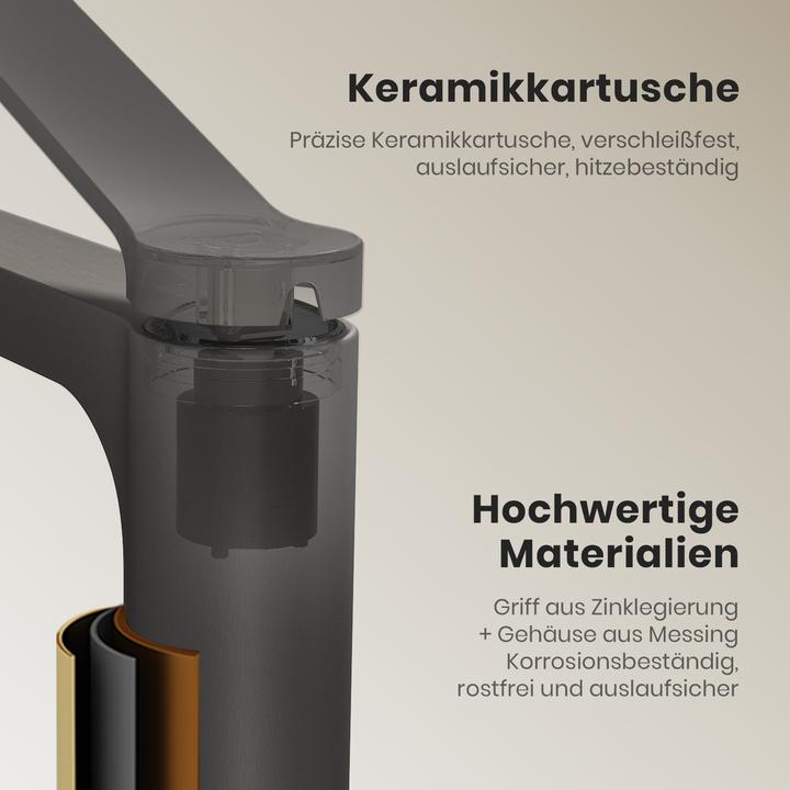 Produktbild Emke Wasserhahn Bad, Anthrazit, Mischbatterie Waschbecken, Messing, mit Luftsprudler, Keramikkartusche, e