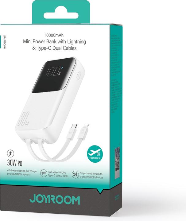 Produktbild Joyroom 30W 20000mAh mini Power Bank with built-in Cables, USB-A & USB-C - White (10000 mAh, 30 W, 37 Wh)