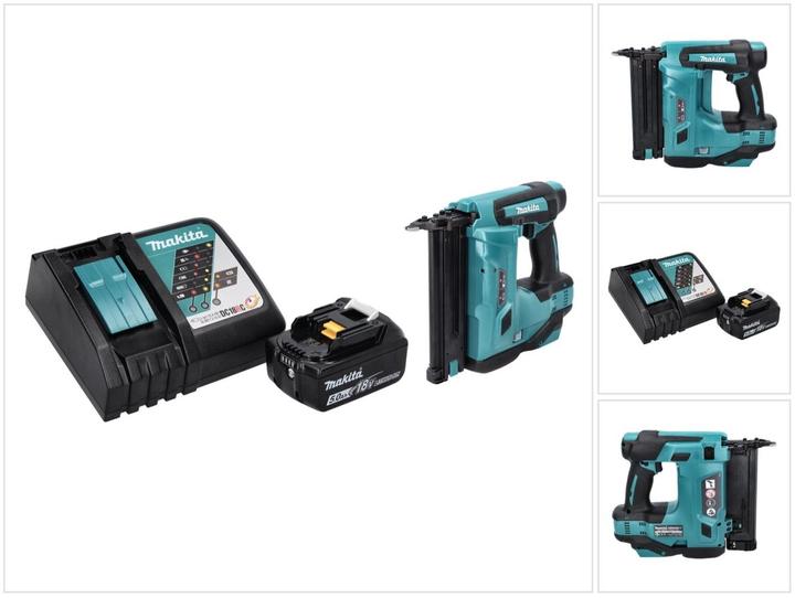 1x Makita DBN 500 cordless upright nailer, 1x Makita BL 1850 B 18 V 5.0 Ah battery, 1x Makita DC 18 RC battery charger