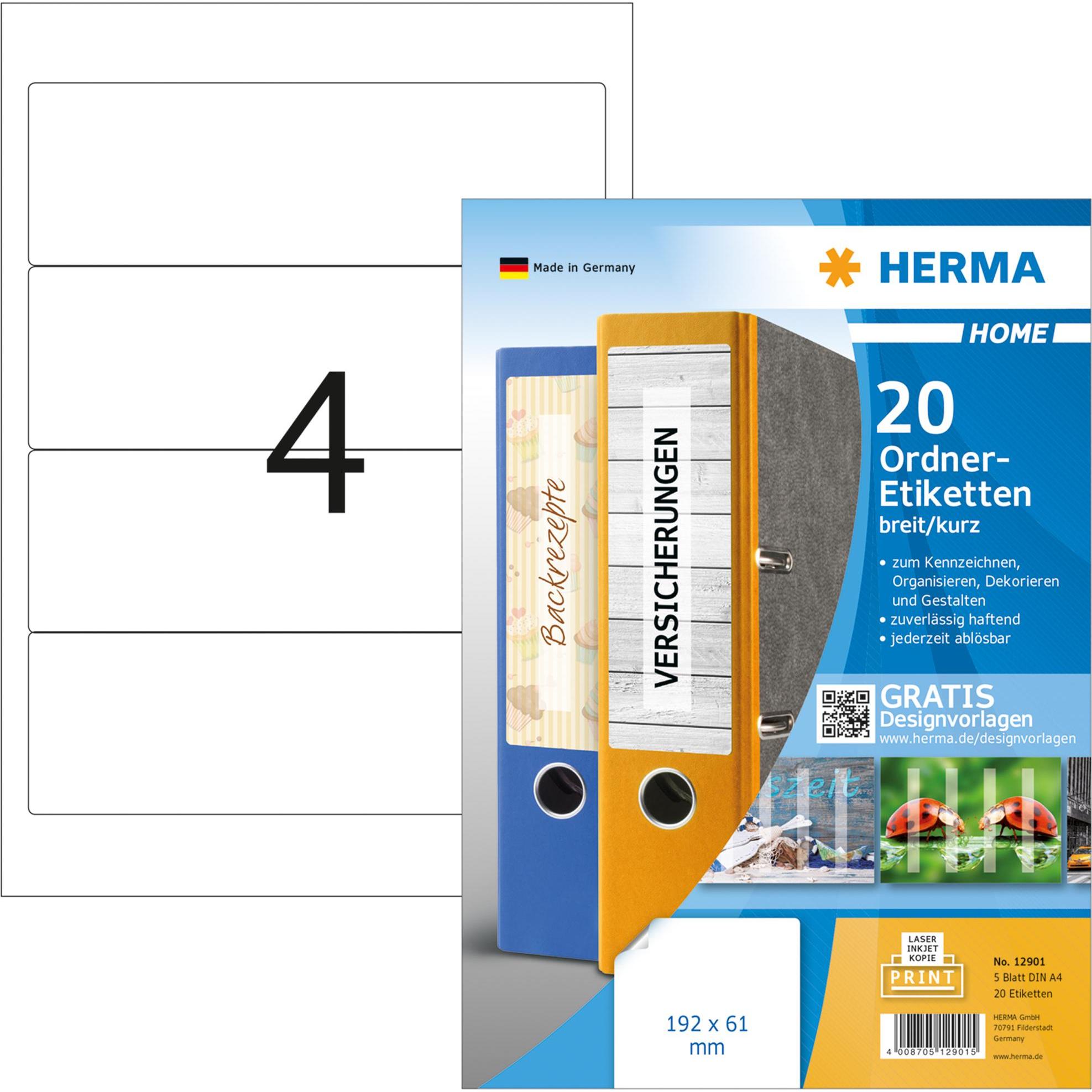 Thumbnail - Herma, Ordner Zubehör, Ordneretiketten 12901 192 x 61 mm ablösbar, Weiss