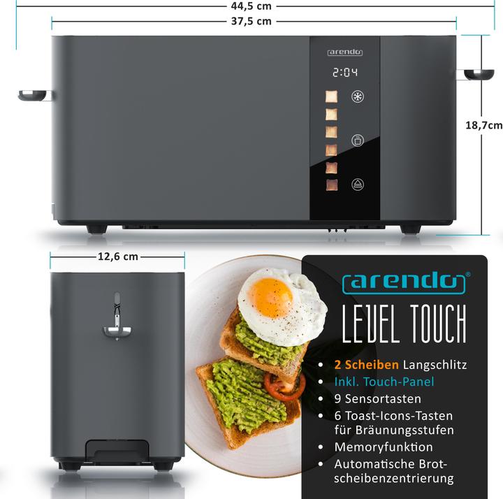 Actual product image Arendo Toaster Edelstahl 2 Scheiben Langschlitz, Restzeit & Bräunungsgradanzeige, Touch Display, 1000 W