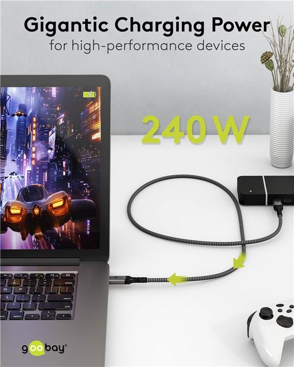 Produktbild Goobay USB-C Cable with Textile Sheath, USB4, 240 W, 40 Gbit/s, Power Delivery, 1 m, Black, Grey (1 m, USB 4.0, 240 W)