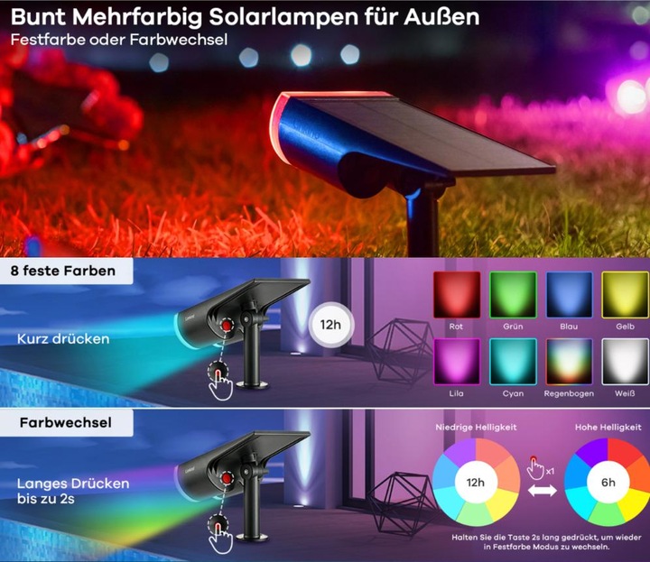 Image du produit Lumina Swiss 2x LED Spot de jardin solaire 4W RGB IP67 (650 lm, IP67)