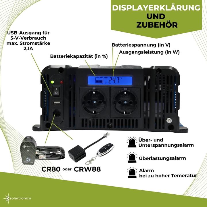 Produktbild Solartronics Spannungsomformer 2000W Pure Sinus 24V mit Display für LiFePO4 und Bleibatterien