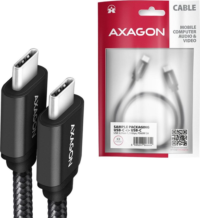 Productafbeelding Axagon BUCM3-CM30AB USB-C naar USB-C kabel 3.2 Gen 1, 3 m, PD 60W, 3A, gevlochten - zwart (3 m, USB 3.2 Gen 1)