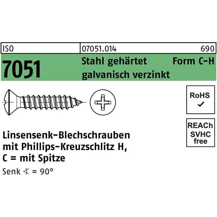 Schrauben, Blechschraube ISO 7051 LISEKO m.Spitze/Kreuzschlitz-PH 2,9x 25 -C-H Stahl gehärtet galvanisch ver... (1000 Sc...