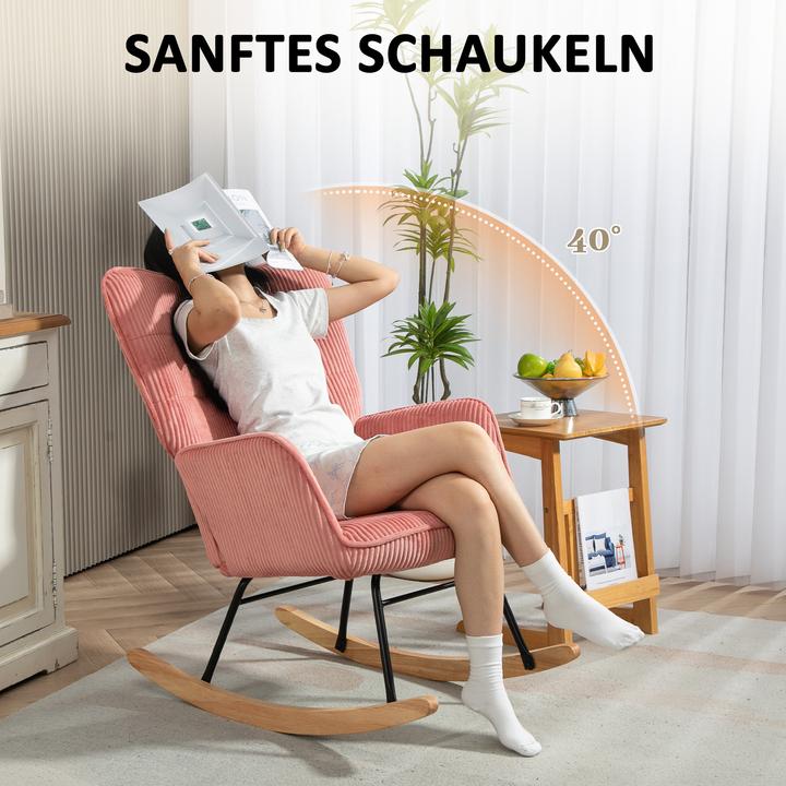 Image du produit Homcom Schaukelstuhl Kord (100% Polyester), Buchenholz, Stahl, Schaumstoff Rosa
