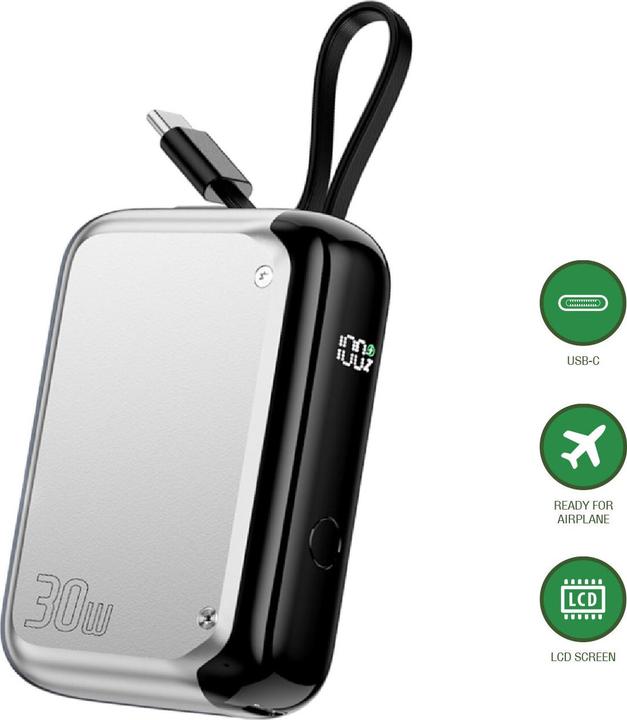 Produktbild 4smarts Powerbank Mit integriertem USB-C Kabel 10000 mAh, Silber (10000 mAh, 30 W, 37 Wh)