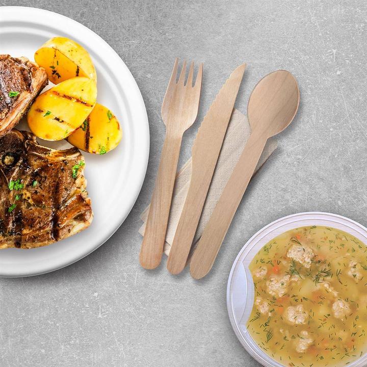 Produktbild Wimex.eu Besteckset aus Holz Messer-Gabel-Löffel+Serviette - 50 Stück (50 x)