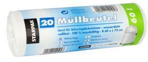 Produktbild Papstar Müllbeutel 72 x 60 cm (B x H) 17µm 60l weiss 20 St./Pack. (20 x, 60 l)