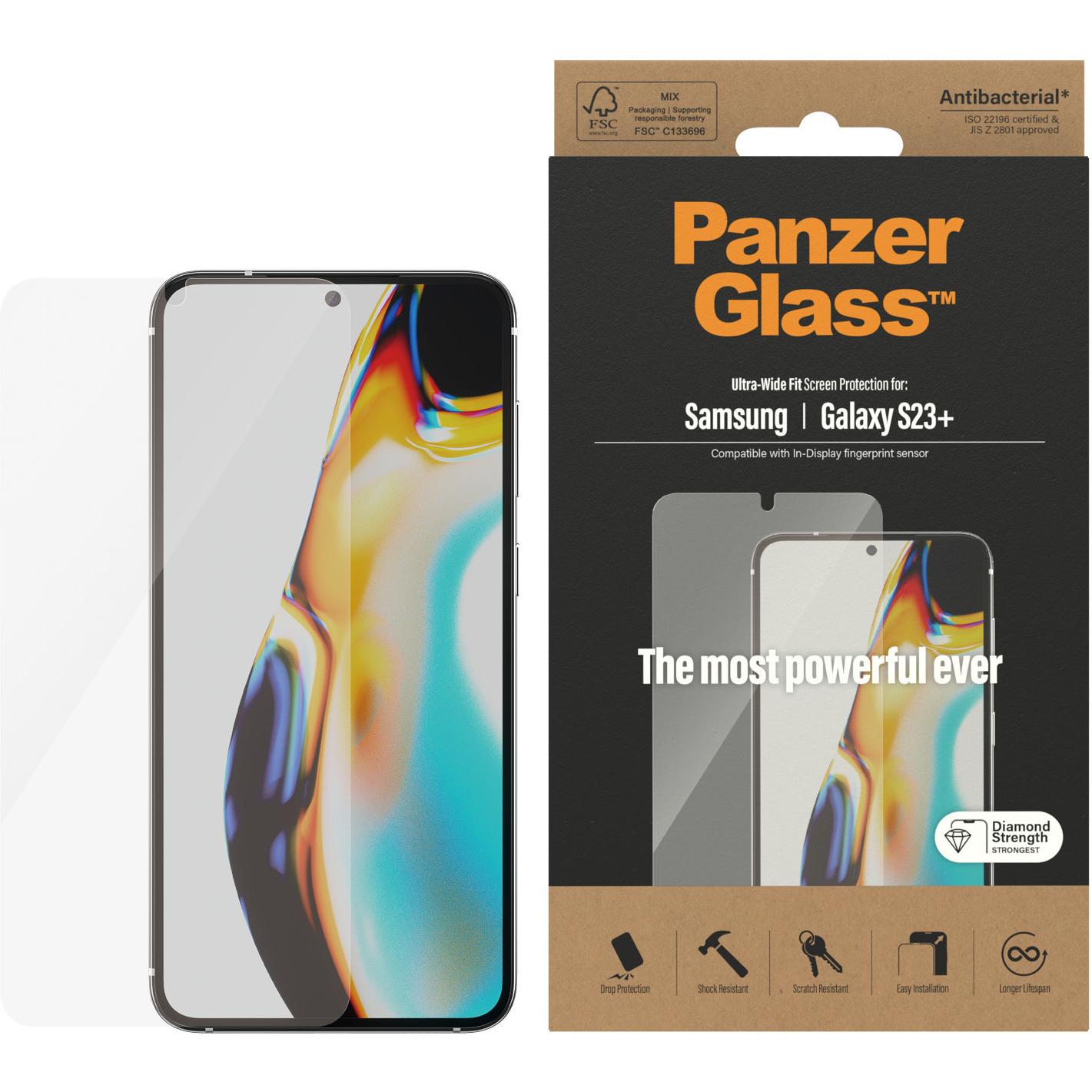 PanzerGlass Displayschutz Ultra Wide Fit (1 Stück, Samsung Galaxy S23+), Smartphone Schutzfolie, Transparent