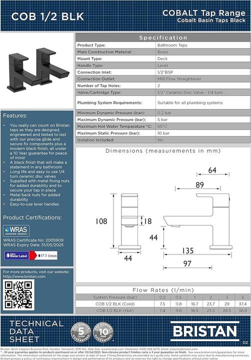 Image du produit Bristan Robinetterie de lavabo moderne noire avec garantie prolongée et service client primé