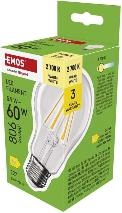 Immagine prodotto Emos Lampada LED a filamento A60 / E27 / 5,9 W (60 W) / 806 lm / Bianco caldo (E27, 5.90 W, 806 lm, 1 x, D)