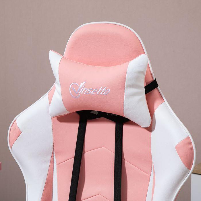 Immagine prodotto Swisshandel24 Sedia da gioco ergonomica con poggiatesta e cuscino lombare in schiuma di ecopelle PVC rosa+bianco