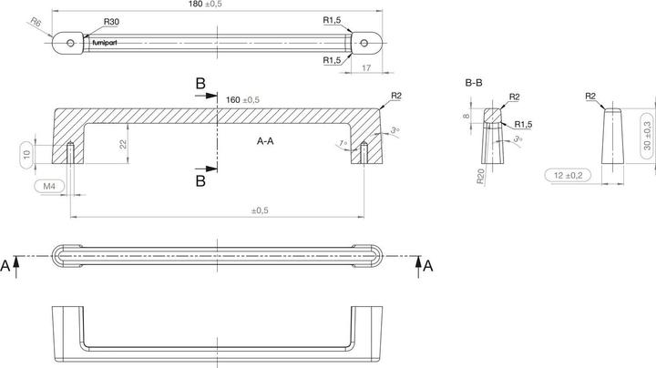 Produktbild Furnipart Griff Diner LA 160, Breite 180 mm, Zinkdruckguss Edelstahl Effekt