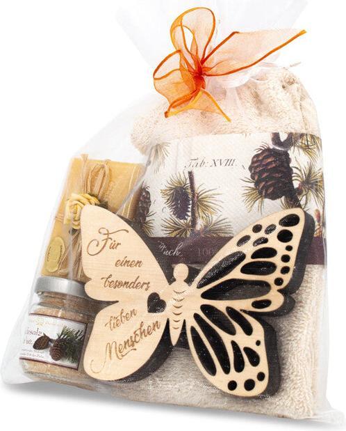 Immagine prodotto ZNatur Set regalo in legno di pino svizzero con incisione a farfalla Lieber Mensch e sapone da bagno in (Set per la cura del corpo)