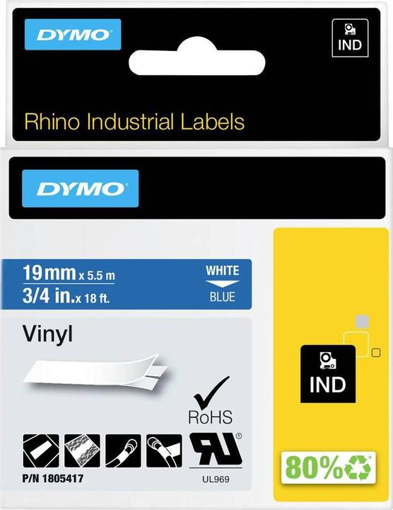 Energy Label Dymo Rhino 19mm white on blue vinyl (1.90 cm, Blue)