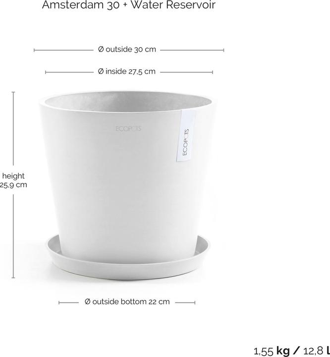 Produktbild Ecopots Amsterdam 30 + Water Reservoir White Grey (30 x 25.90 cm)