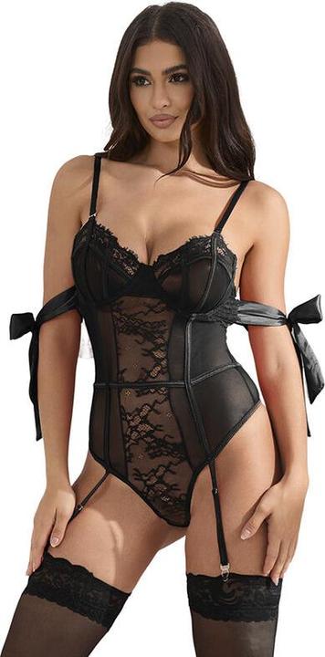 Subblime - 955496 SPITZEN-BODYSUIT MIT SCHLEIFEN UND STRAPSEN SCHWARZ S/M (M, S)