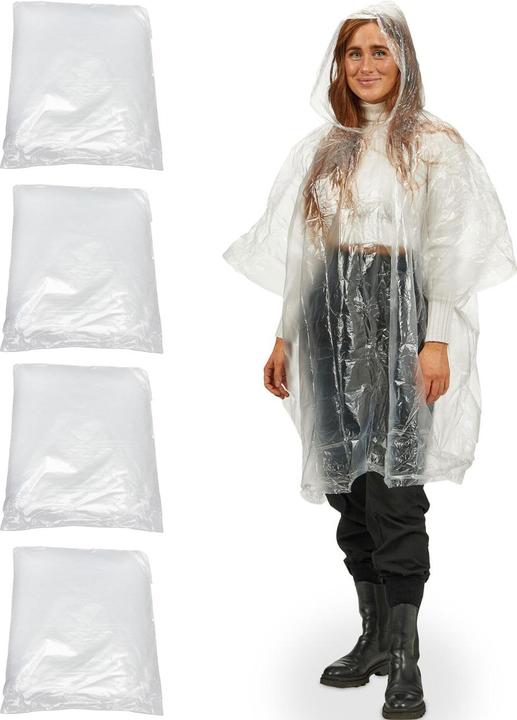 Relaxdays Set di 4 poncho antipioggia di emergenza con cappuccio e maniche, trasparenti, circa 120cm (Taglia unica)