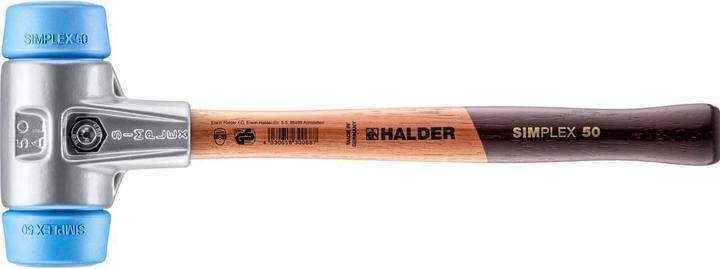 Actual product image Halder Soft-face hammer SIMPLEX Length 370 mm Head Ø 50 mm Wood (1): TPE-soft, blue, abrasion-free, soft / (655 g)