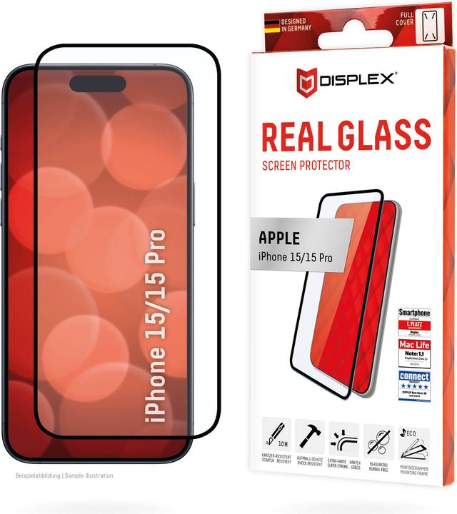 Actual product image Displex Real Glass, Full Cover Panzerglas (1 pcs., Apple iPhone 15 Pro)