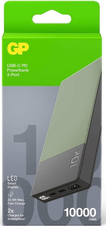 Produktbild GP Batteries GP PowerBank M2+ 10C 10000mAh 2xUSB-C/1xUSB-A grün LED-Anzeige (10000 mAh, 22.50 W, 37 Wh)