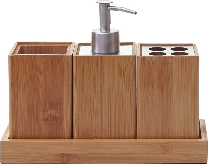 Produktbild Swisshandel24 4-teiliges Badset, Badezimmerset Badaccessoires Seifenspender Zahnbürstenhalter, Bambus