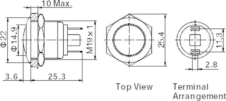 Actual product image Tru Components 701905 GQ19B-10/J/S Vandalismusgeschützter Drucktaster 48 V/DC 2