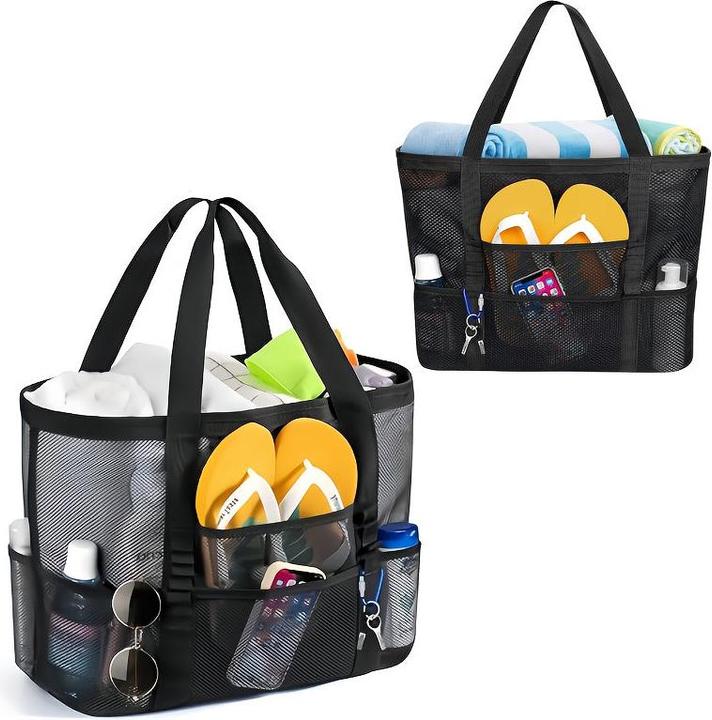 Produktbild Only-Bags.Store 1 Stück Stylish Large Mesh Beach Bag - faltbare leichte Tasche mit Mini-Taschen, übergrosse