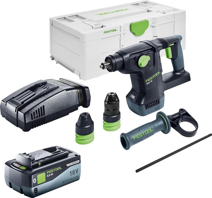 1x Festool KHC 18 EB marteau combiné sans fil, 1x mandrin C SDS KHC, 1x mandrin à serrage rapide KC 13 KHC, 1x poignée supplémentaire AH-50, 181 KHC, 1x butée de profondeur, 1x Festool Systainer³ SYS3 L 187, 1x Festool BP 18 Li 8,0 HP-ASI batterie 18 V 8,0 Ah, 1x Festool SCA 16 chargeur rapide 10,8 V - 18 V 16 A