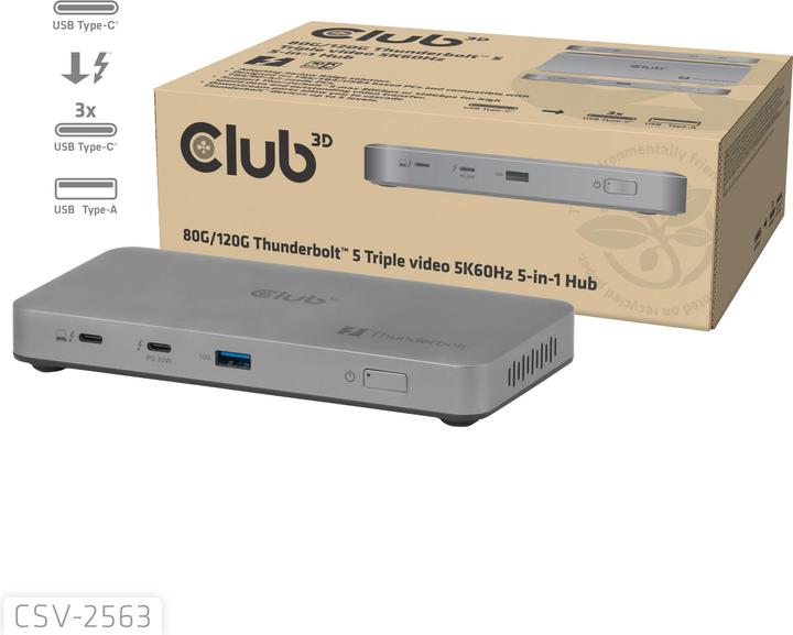 Actual product image Club 3D Club3D Thunderbolt5 5-in-1 HUB > 3xThunderbolt/1xUSB Bu/BU (5 ports)