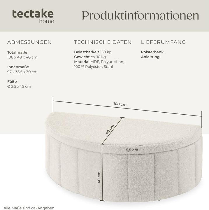 Actual product image tectake Moon upholstered bench with ample storage space, weight capacity 150 kg (108 cm)