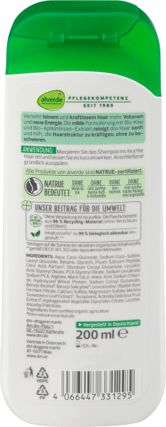 Produktbild dm alverde Volumen Bio-Kiwi Bio-Apfelminze (200 ml, Flüssiges Shampoo)