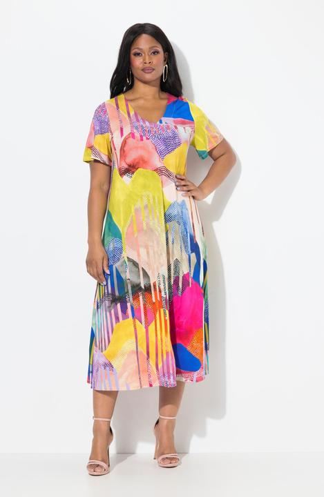 Produktbild Ulla Popken Midi-Slinkykleid, A-Linie, V-Ausschnitt, Flügel-Halbarm (50, 52)