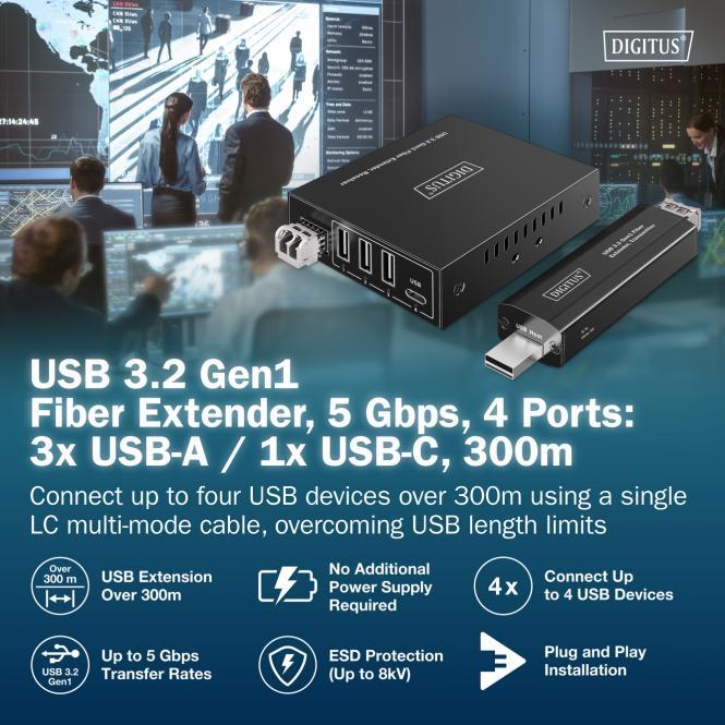 Produktbild Digitus USB 3.2 Gen1 Fiber Extender, 5 Gbps, 4 Ports: 3x USB-A / 1x USB-C, 300m