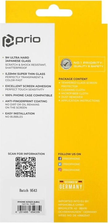 Produktbild prio Displayschutzglas (1 Stück, Apple iPhone X, Apple iPhone XS, Apple iPhone 11 Pro)