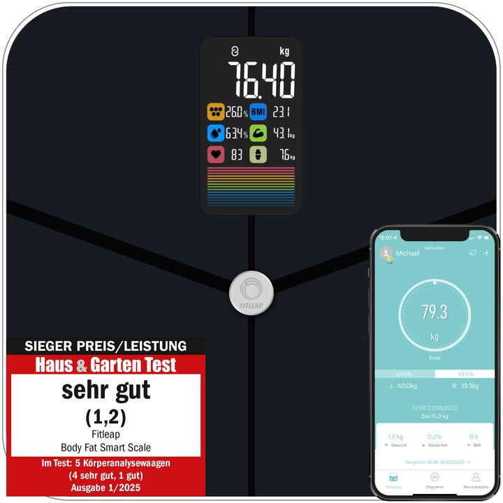 Produktbild Fitleap Waage mit Körperfett- & Muskelanalyse, Digitale Personenwaage (180 kg)