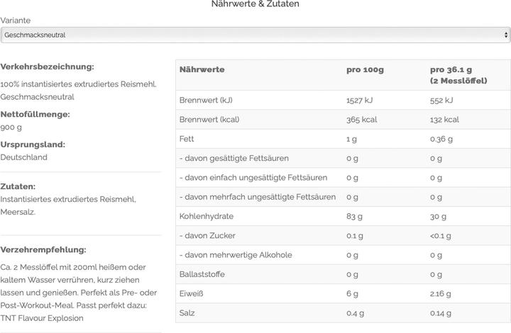 Nährwerte und Zutaten Vast Instant Rice Pudding (900 g, 1x, Rice)