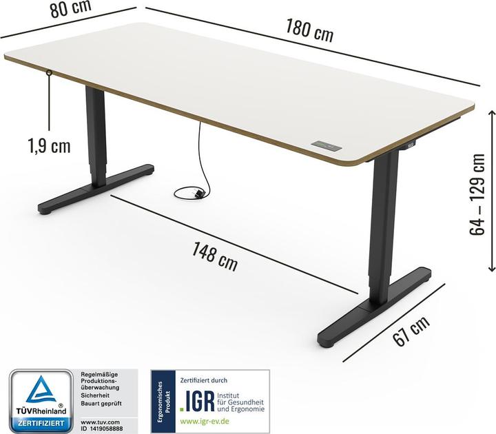 Image du produit Yaasa Desk Pro - bureau réglable en hauteur (180 x 80 x 129 cm)