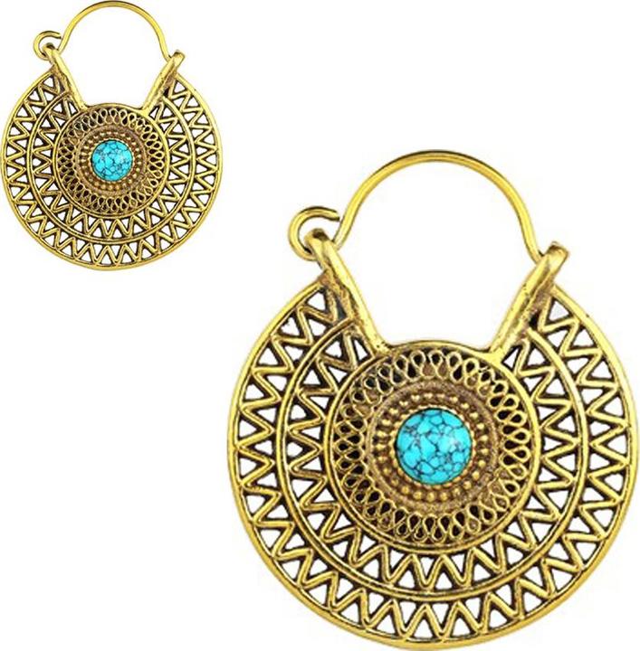 Image du produit Star Piercing Boucles d'oreilles plaqué or deux rangées de zigzags avec pierre turquoise (Laiton, Minéral)