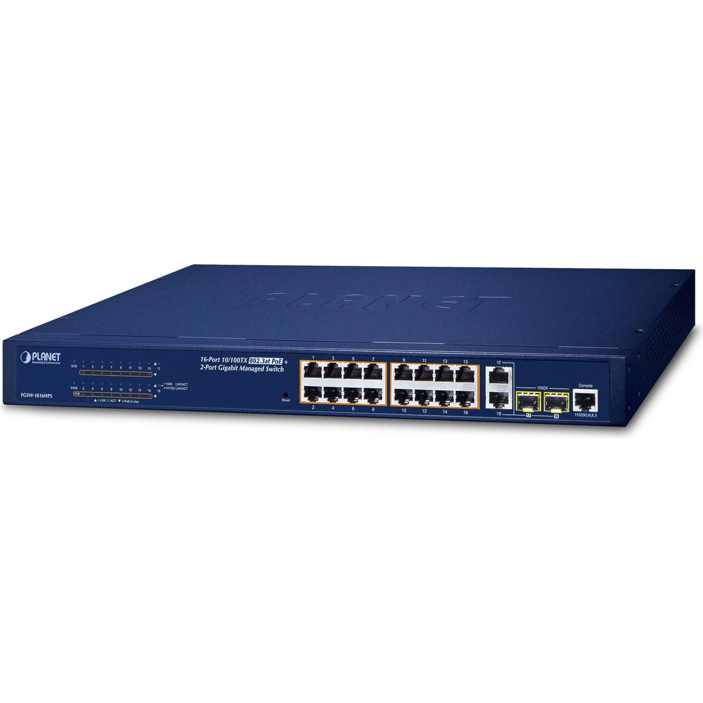 Planet 16-Port 10/100TX 802.3at PoE + 2-Port Gigabit TP/SFP (16 Ports), Netzwerk Switch, Schwarz