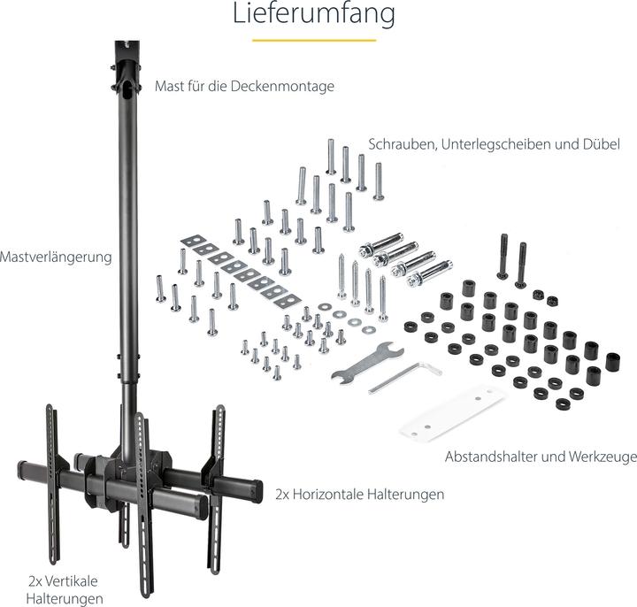 Produktbild StarTech Rücken-an-Rücken dual Deckenhalterung - für 32 bis 70 Zoll Fernseher - Stangenlä (Decke, 75")
