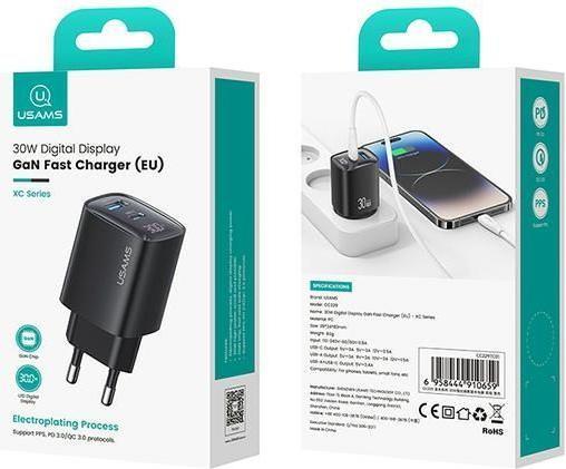 Immagine prodotto Usams Ład. siec. CC229 30W GaN USB-C/USB-A Ricarica rapida Serie XC czarny/nero CC229TC01 (30 W)